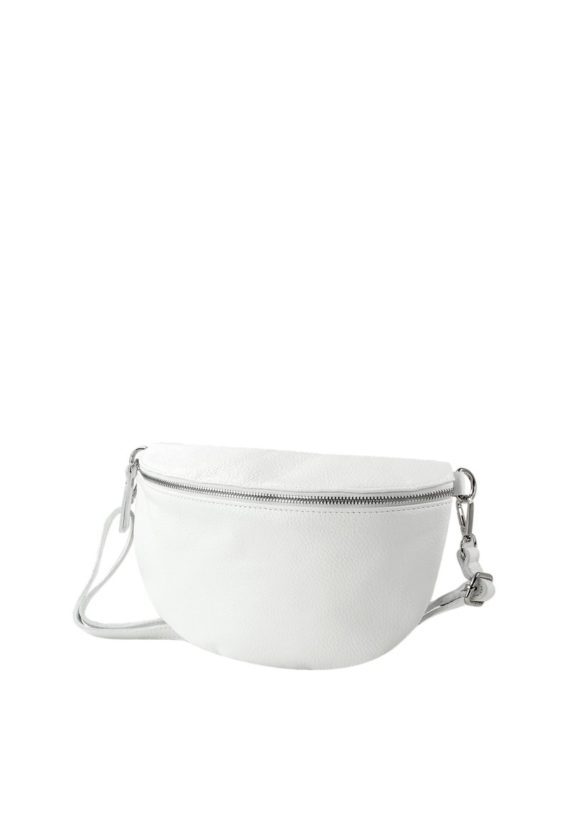 White leather shoulder bag with a curved silhouette, textured finish, silver zipper closure, and adjustable strap. Compact design.