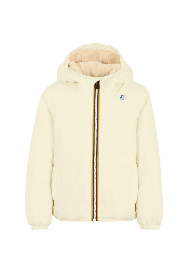 Giacca con cappuccio di colore crema, foderata in morbido pile, con zip frontale e accenti a righe colorate, e polsini elasticizzati alle maniche.