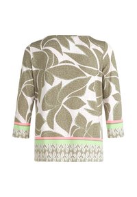 Pull-over top in green and white with leaf patterns, three-quarter sleeves, and accent bands in pink and mint at the hem and sleeves.