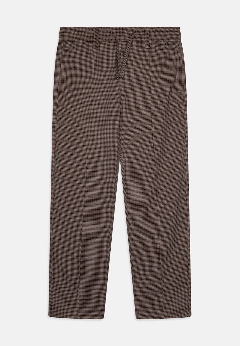 Rjavi karirasti hlače z ohlapnim krojem, elastičnim pasom in vrvico. Ima stranske žepke in gladko teksturo.