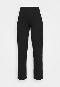 Schwarze, enganliegende Hosen mit hoher Taille und geradem Schnitt. Aus weichem Stoff gefertigt, ohne sichtbare Nähte oder Verzierungen.