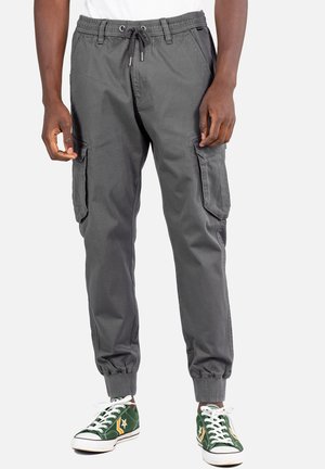 Graue Cargo-Hosen mit einem elastischen Bund, Kordelzug und Seitentaschen; schmal zulaufendes Bein mit elastischen Bündchen; aus leichtem Stoff.