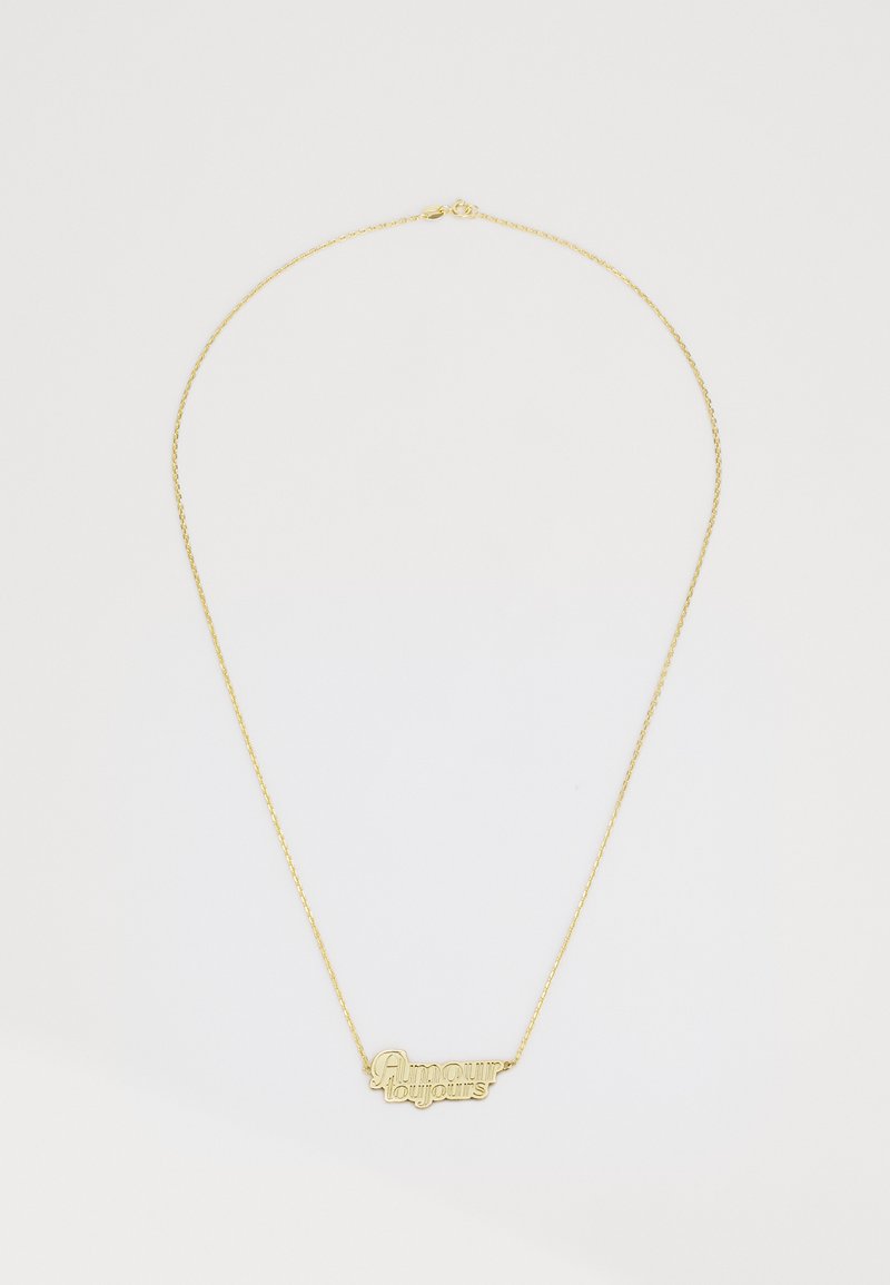 Gold necklace featuring the word "Amour toujours" in a cursive script, with a delicate chain and a smooth, shiny finish.
