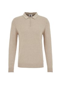 Világosbarna hosszú ujjú galléros póló fél cipzárral, kötött textúrával, bordázott szegéllyel és mandzsettával, visszafogott, minimális díszítéssel.