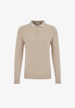 Beige poloshirt med lange ærmer og halv lynlås ved kraven, strikket tekstur, ribbet kant og manchetter, med et diskret design og minimal detaljering.