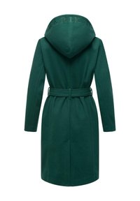 Green wool blend coat with a belted waist, hood, and "MARIKO" lettering along the hood. Features long sleeves and a straight cut.