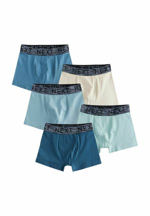Fünf Paar Boxershorts in Blautönen, Mintgrün und Creme. Jede hat einen schwarzen elastischen Bund mit "NEXT" in Grau bedruckt.