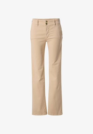 Pantalones de mezcla de algodón beige con un diseño de pierna recta, dos bolsillos frontales y cierre de doble botón en la cintura.