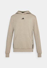 Felpa con cappuccio beige realizzata in morbido tessuto. Caratterizzata da una tasca a marsupio frontale, dettaglio del logo nero e accenti laterali. Polsini e orlo aderenti.