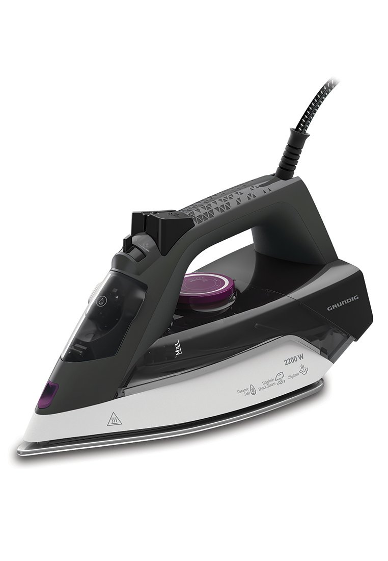 Plancha de vapor eléctrica con cuerpo negro y blanco, dial de control morado, mango texturizado y cable conectado en la parte trasera.