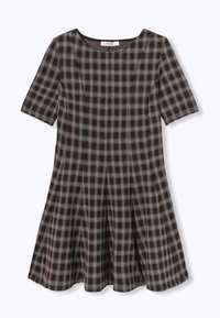 Robe à manches courtes en motif à carreaux noir et gris. Silhouette évasée, col rond et tissu à texture douce.