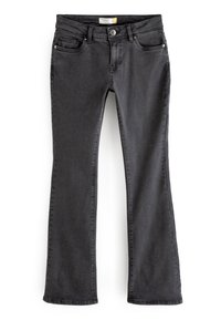 Jean évasé noir en denim. Comprend un design classique à cinq poches, une fermeture par bouton métallique et fermeture éclair, ainsi qu'une couture discrète sur les coutures.