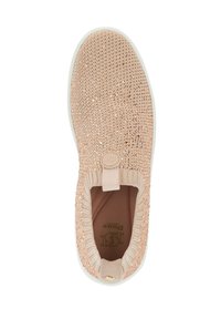 Light pink slip-on sneaker with a textured knit upper featuring sequins, an elastic strap at the ankle, and a white rubber sole.