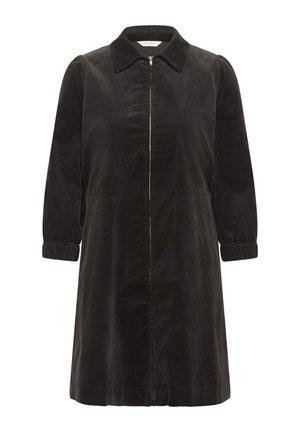 Abito lungo in velluto marrone scuro, con maniche lunghe, zip frontale, colletto e polsini elasticizzati, di lunghezza al ginocchio, semplice e dalla vestibilità ampia.