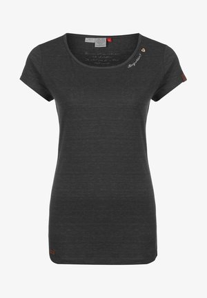 Dopasowany damski t-shirt w ciemnoszarym kolorze, z krótkim rękawem i okrągłym dekoltem, małym guzikiem w kształcie serca przy kołnierzyku oraz subtelnym haftowanym napisem na piersi.