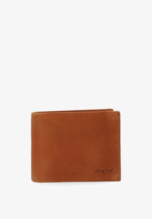Brązowy skórzany portfel o gładkiej teksturze, składany w pół, z wytłoczonym logo "VENEZIA" w dolnym prawym rogu.