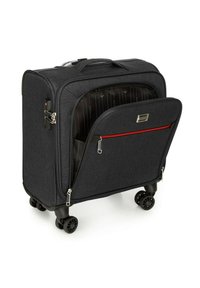 Valise en tissu noir avec une poche frontale zippée, deux roues, et une texture mate. Caractéristiques d'un accent rouge sur la fermeture éclair. Intérieur spacieux.