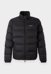 Black puffer jacket with a high collar, featuring a front zipper and two side pockets. Lightly quilted fabric with brand logo on chest.