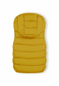 Gul puffer-sovsäck med huva, med quiltade sektioner för isolering och en jämn, blank yta.