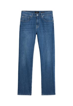 Niebieskie jeansy o prostych nogawkach z przednimi i małymi kieszeniami, zapinane na guzik, z widocznym przeszyciem.