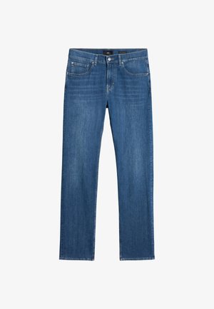 Niebieskie jeansy o prostych nogawkach z przednimi i małymi kieszeniami, zapinane na guzik, z widocznym przeszyciem.