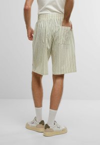 Shorts rayés en vert clair et crème, dotés d'une taille élastique, d'une poche latérale et d'une coupe ample qui descend jusqu'au mi-cuisse.