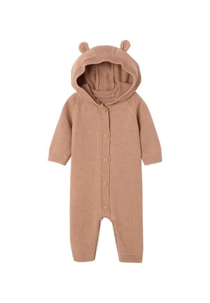 Brown knitted baby onesie with hood featuring small bear ears and front buttons, long sleeves, and full-length legs.