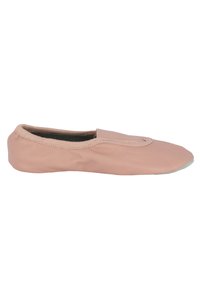 Helle rosa Ballettschuhe aus Leder mit flexibler Sohle, elastischem Einstieg und glatter Textur. Keine sichtbaren Beschläge oder Muster.