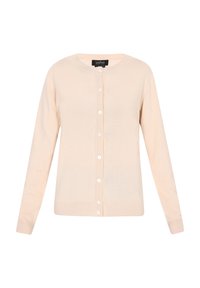 Cardigan roz deschis dintr-un material moale, cu guler rotund, mâneci lungi și închidere frontală cu nasturi albi.