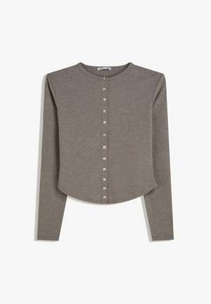 Grijze cardigan met lange mouwen van zachte stof, met een ronde hals, knoopsluiting aan de voorkant en een licht gebogen zoom.