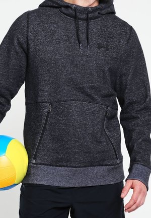 Sort meleret sweatshirt med en front kangaroo-lomme, justerbar snørehætte og side-lynlåsdetailler. Glat tekstur.