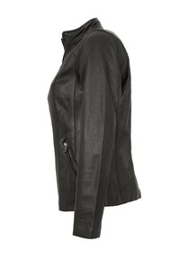 Schwarze Lederjacke mit figürlicher Passform, aufrechtem Kragen, seitlichen Reißverschlusstaschen und glatter Textur.