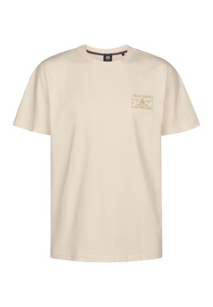Beiges T-Shirt mit kurzen Ärmeln und Rundhalsausschnitt mit kleinem verblasstem Text und Grafik auf der linken Brustseite mit der Aufschrift "Blue Agave" und verwandten Worten.