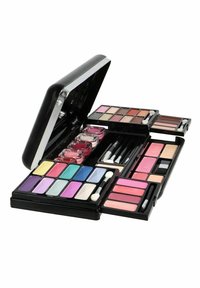 Musta meikkipaletti, joka sisältää erilaisia luomivärejä, huulituotteita, aplikaattoreita ja tyylikkään, heijastavan kannen.