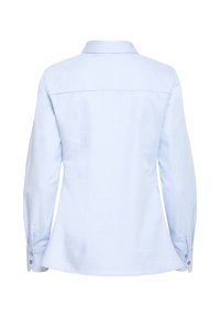 Chemise bleu clair à manches longues avec col, vue de dos, avec des poignets boutonnés et une taille légèrement évasée.