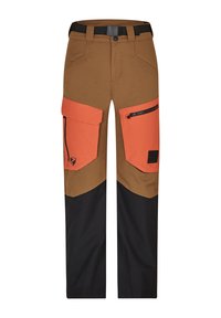 Braune und schwarze Hosen mit orangefarbenen Akzenttaschen und Reißverschlüssen. Hergestellt aus strapazierfähigem Material, mit einem Gürtel und einer schwarzen Schnalle.