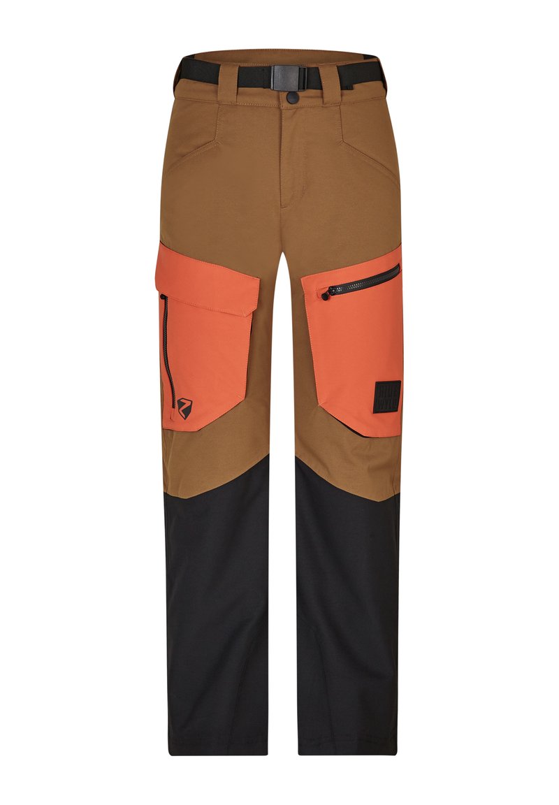 Braune und schwarze Hosen mit orangefarbenen Akzenttaschen und Reißverschlüssen. Hergestellt aus strapazierfähigem Material, mit einem Gürtel und einer schwarzen Schnalle.