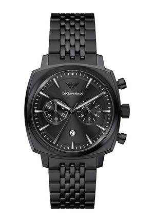 Schwarze Emporio Armani Armbanduhr mit Metallgliedband, Chronographen-Unterzifferblättern, Datumsanzeige bei 6 Uhr sowie silberfarbenen Markierungen und Zeigern.
