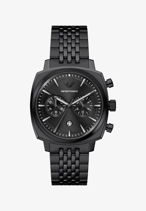 Schwarze Emporio Armani Armbanduhr mit Metallgliedband, Chronographen-Unterzifferblättern, Datumsanzeige bei 6 Uhr sowie silberfarbenen Markierungen und Zeigern.