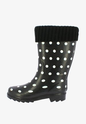 Botte de pluie en caoutchouc noir avec des pois blancs, bord en tricot noir à côtes en haut, semelle épaisse avec un motif texturé pour une meilleure adhérence.