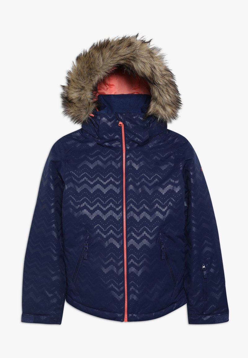 Veste d'hiver bleu marine à motif zigzag, fermeture éclair corail, poches latérales et capuche bordée de fausse fourrure marron.