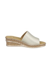 Sandalo a zeppa bianco in pelle con punta larga aperta, pianta beige texture e interno liscio. Caratterizzato da un tacco basso per il comfort.