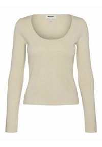 Långärmad topp med rundad hals, tillverkad av ett mjukt, ribbat tyg i en ljusbeige färg. Figursydd design med minimala sömmar.