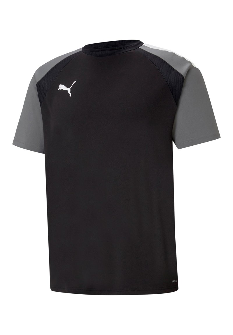 Zwart sport T-shirt met grijze schouderaccenten, korte mouwen en een ronde hals. Beschikt over een wit Puma-logo op de borst.