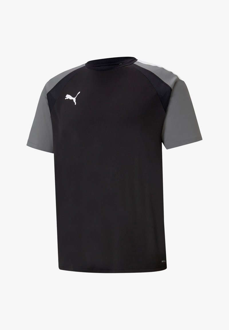 Schwarzes sportliches T-Shirt mit grauen Schulterakzenten, kurzen Ärmeln und Rundhals. Mit einem weißen Puma-Logo auf der Brust.