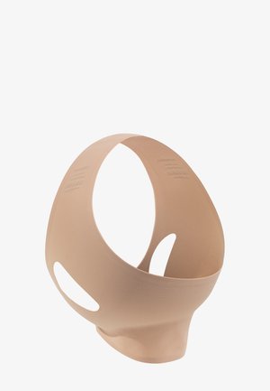 Sangle de lifting du visage en tissu ton peau sans couture avec découpes ouvertes au niveau du menton et des joues, conçue pour soutenir et relever les contours du visage.