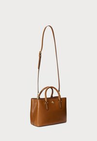 Brown leather handbag with dual top handles and a detachable shoulder strap. Features a smooth texture and gold hardware accents.