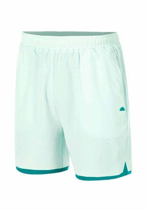 Hell-türkisfarbene Sportshorts mit elastischem Bund, kleinem seitlichem Logo und dunkler türkisfarbener Paspel am Saum.