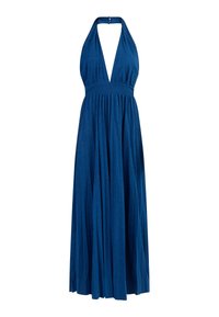 Robe longue à encolure halter en tissu bleu profond. Présente un décolleté plongeant, un buste ajusté et une jupe fluide avec des détails froncés.