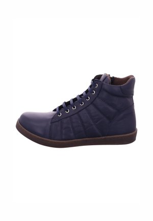 Navy leather high-top sneaker featuring quilted side panels, metal eyelets, and a brown rubber sole. Laces with side zipper detail.